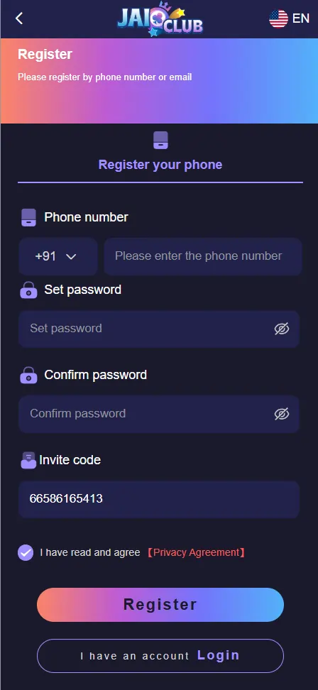 Jai Club Register 2026 page showing new account signup form with mobile number and password fields